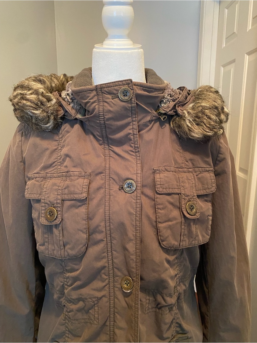 Steve Madden Taupe Utility Jacket with Faux-Fur Trim Hood